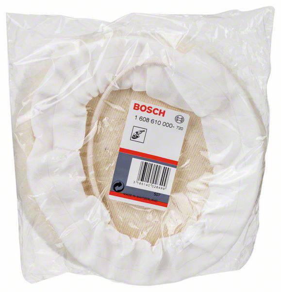 Weiße Polierscheibe in Plastikverpackung. Etikett zeigt 'Bosch' und Produktnummer. Ideal für Autopflege.