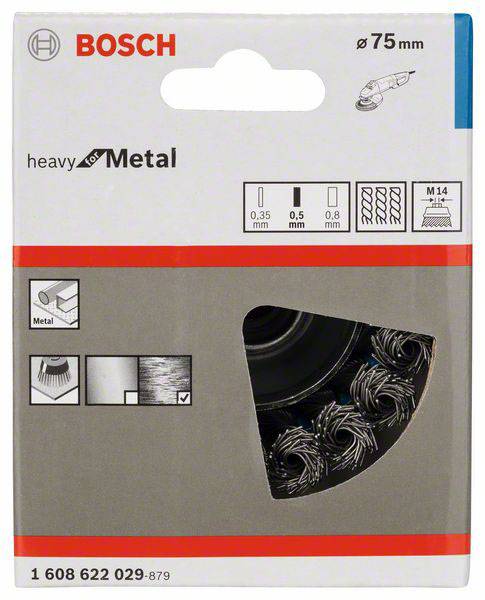 Bosch-Schachtel mit Metallbohrern, "heavy for Metal", 75 mm, zeigt Bohrergrößen von 0,35 bis 0,8 mm und geeignet für M14-Anschluss.
