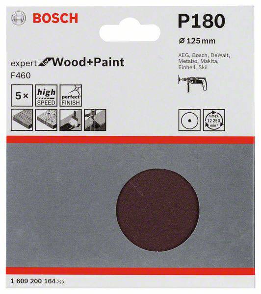 Schleifscheibe von Bosch, 125mm, Körnung P180, für Holz und Farbe. Kompatibel mit AEG, Bosch, DeWalt, Metabo, Makita, Einhell, Skil.