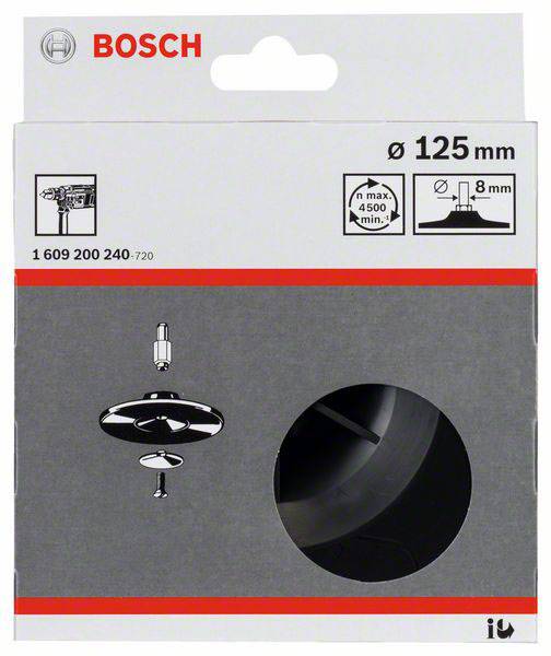 Verpackung eines Bosch Schleiftellers mit 125 mm Durchmesser, max. 4500 U/min. Abbildung zeigt Verbindung und Produktspezifikationen.