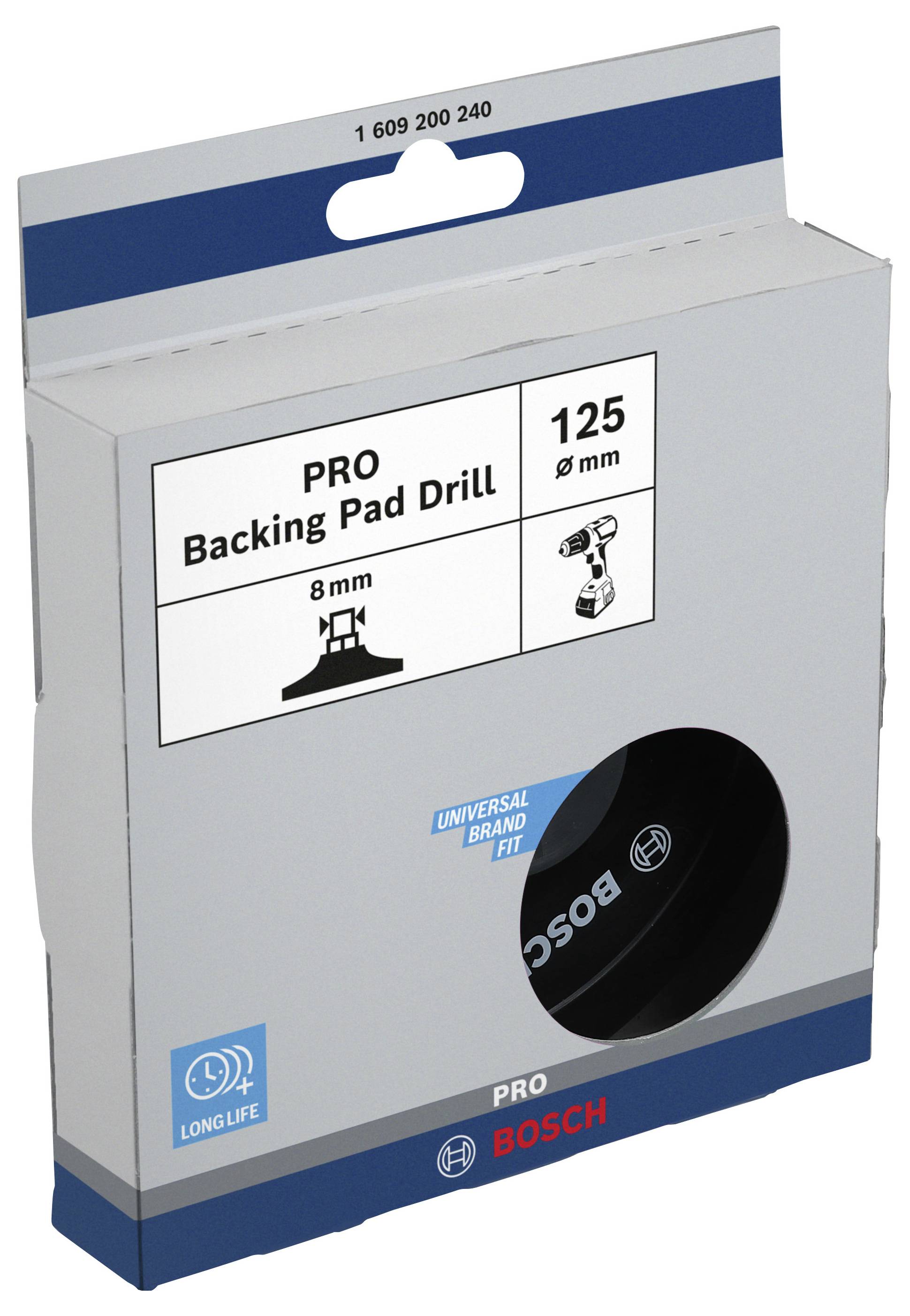 Verpackung mit einem PRO Backing Pad Drill von Bosch. Durchmesser 125 mm, 8 mm Aufnahme, mit 'Longlife' und 'Universal Brand Fit' Logos.