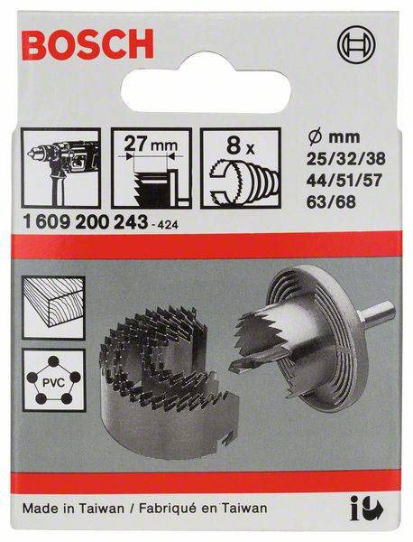 Bosch Lochsäge-Set für PVC und Holz, Größen 25-68 mm, besteht aus 8 Teilen. Verpackung zeigt Anwendungsbeispiele und Maßangaben.