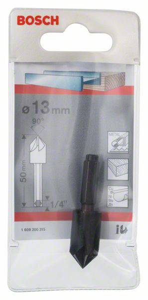 'Bosch Holzspiralbohrer, Durchmesser 13 mm, geeignet für Holz, Kunststoff und Leichtmetall. Verpackung mit Bohrerbild und Anwendungshinweisen.'