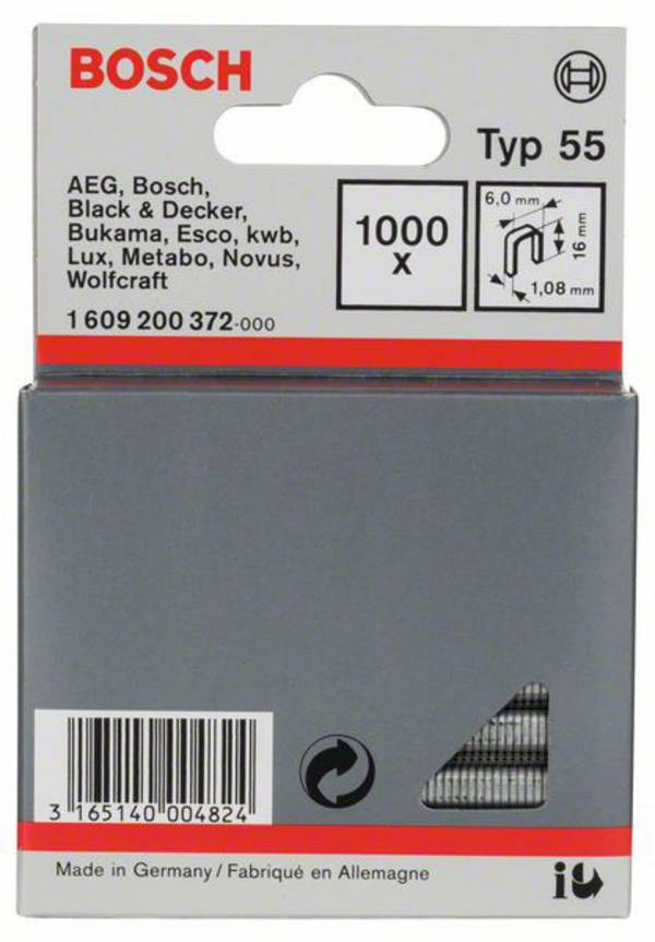 Bosch Accessories 1609200372 Schmalrückenklammern Typ 55 1000 St. Abmessungen (L x B) 16 mm x 6 mm