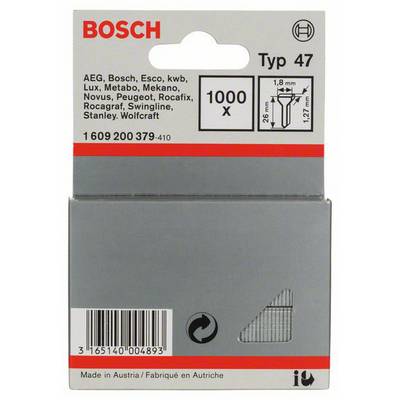 'Bosch Typ 47' Heftklammern, 1000 Stück, Maße: 26 mm x 1,8 mm x 1,27 mm. Geeignet für verschiedene Marken wie Metabo und Stanley. Hergestellt in Österreich.
