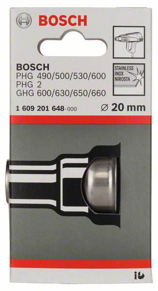 Verpackung für eine Bosch-Düse. Kompatibel mit PHG Modellen 490-660. Beinhaltet Edelstahlkomponente, Durchmesser 20 mm.