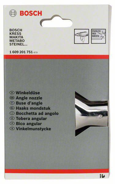 Verpackung einer Bosch-Winkeldüse für Heißluftgeräte, geeignet für Marken wie Bosch, Kress, Makita, Metabo und Steinel.