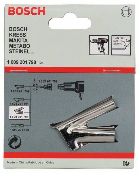 Verpackung eines Edelstahl-Düsenzubehörs für Heißluftgebläse. Marken: Bosch, Kress, Makita, Metabo, Steinel. Edelstahl, rostfrei.