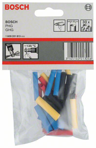 Verpackung von Schrumpfschläuchen mit Logo 'Bosch'. Enthält verschiedene Farben. Temperaturbeständigkeit bis 135°C. 30 Stück.