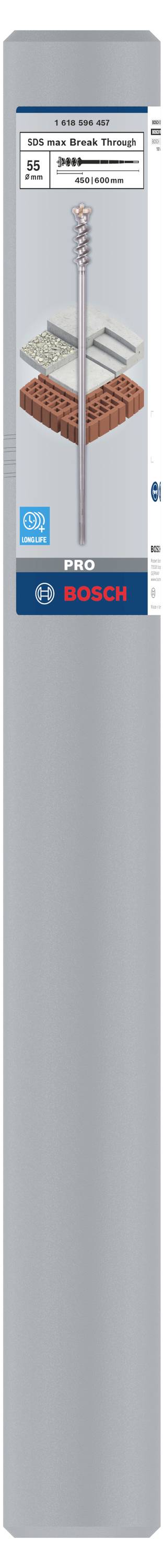 Verpackung für Bohrer von Bosch, zeigt einen Bohrer mit vier Schneiden und Zielmaterialien: Beton, Stein und Mauerwerk.