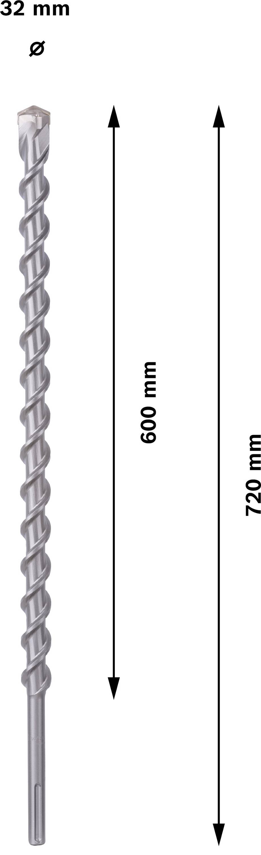 Bohrer mit 32 mm Durchmesser und 600 mm Länge; Gesamtlänge 720 mm.