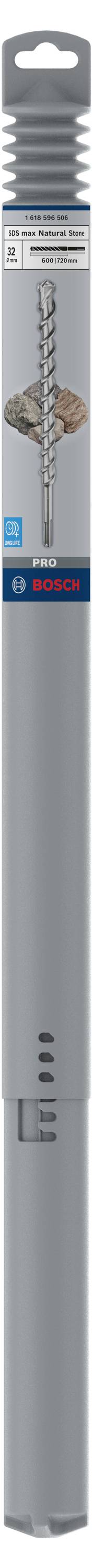 Eine graue Verpackung eines Bohrersets, auf einer Karte für Beton- und Ziegelbohrungen. Oben ein Bild des Bohrers.