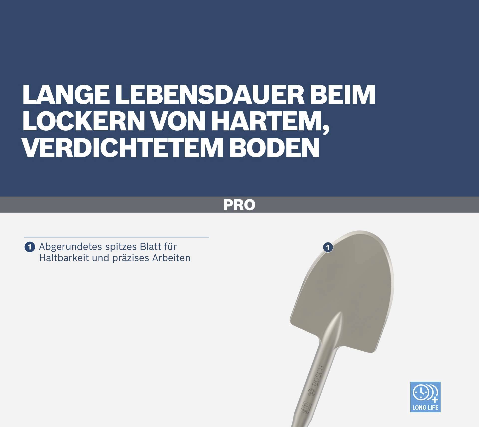 'Lange Lebensdauer beim Lockern von hartem, verdichtetem Boden.' Ein Spaten mit abgerundetem spitzem Blatt für präzises Arbeiten.