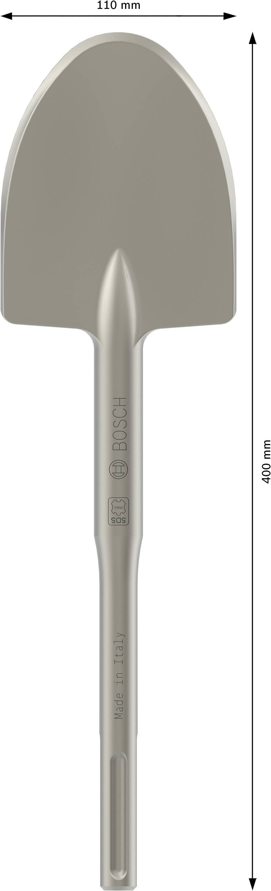 Eine graue Schaufel mit einer Länge von 400 mm und einer Breite von 110 mm. Die Schaufel hat einen schmalen Griff.