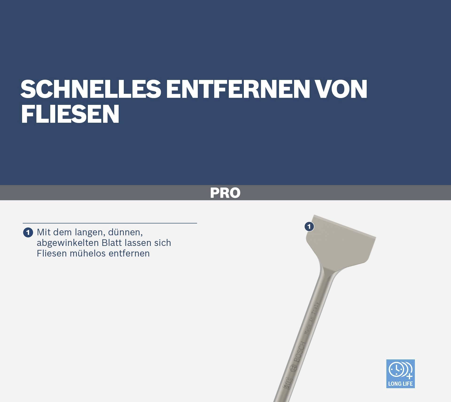 Spezialwerkzeug mit langem, dünnem Blatt zum schnellen und mühelosen Entfernen von Fliesen. Produktname: 'PRO'.