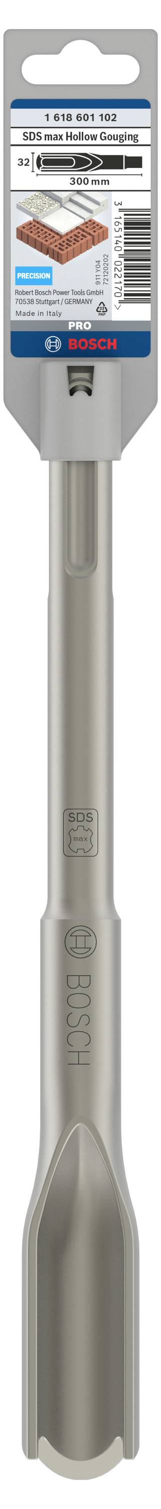 Bosch Flachmeißel in Verpackung, geeignet für Betonbearbeitung. Länge: 250 mm. SDS-plus System für sicheren Halt und effiziente Kraftübertragung.