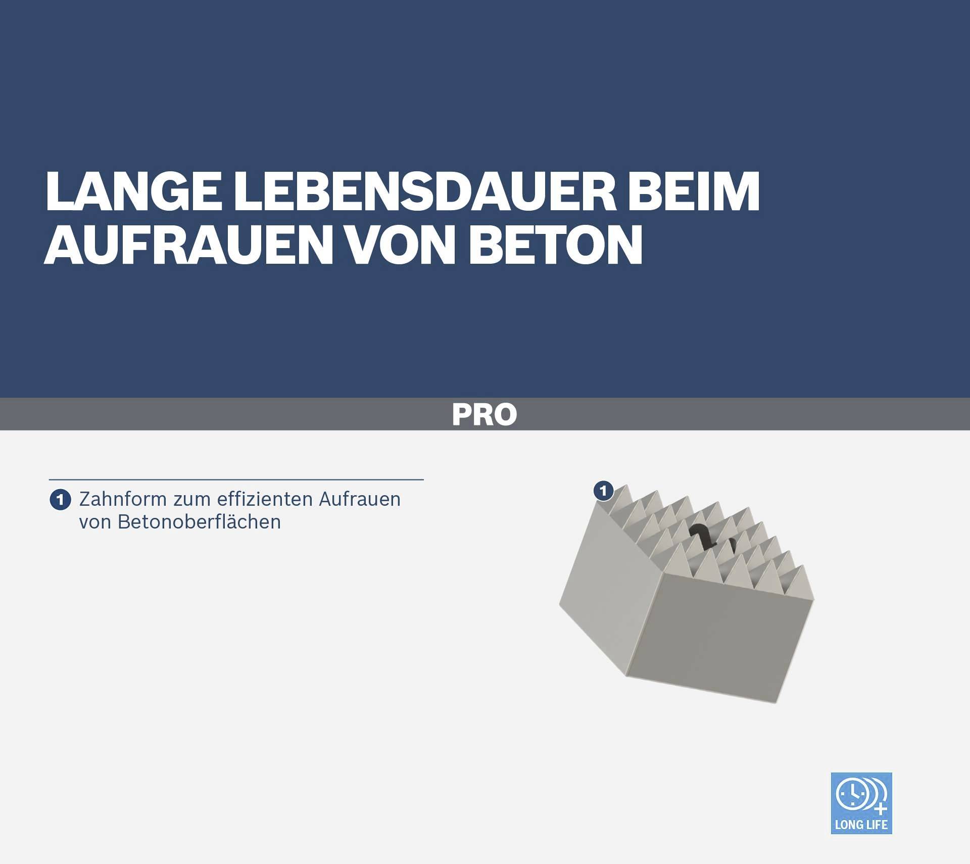 Zahnform zur effizienten Bearbeitung von Betonoberflächen, sorgt für längere Lebensdauer. Produktabbildung in Grau.