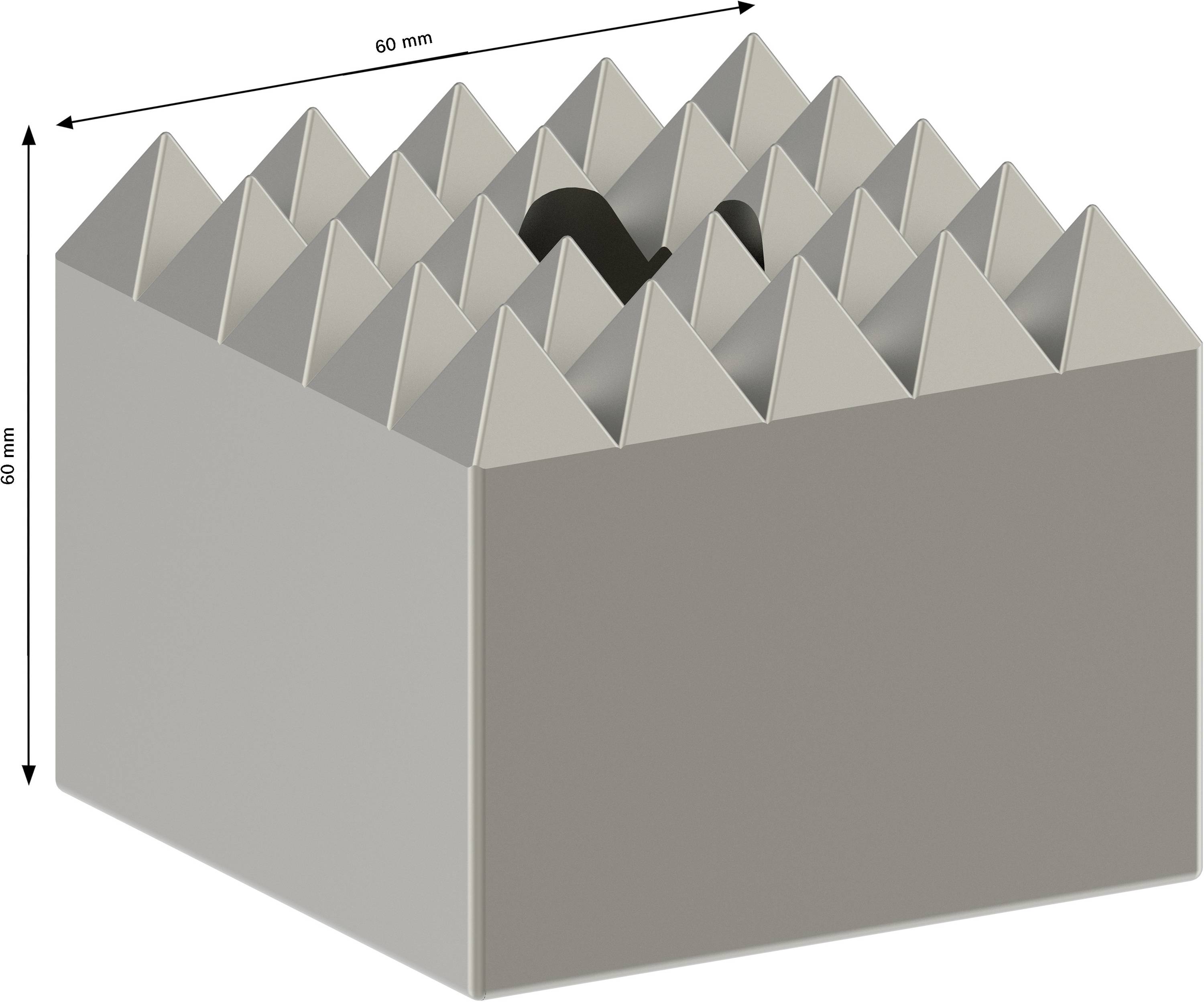 Würfelförmiger Akustikschaumstoff mit pyramidenförmigen Spitzen, Maße: 60 mm x 60 mm. Ideal zur Schallabsorption.