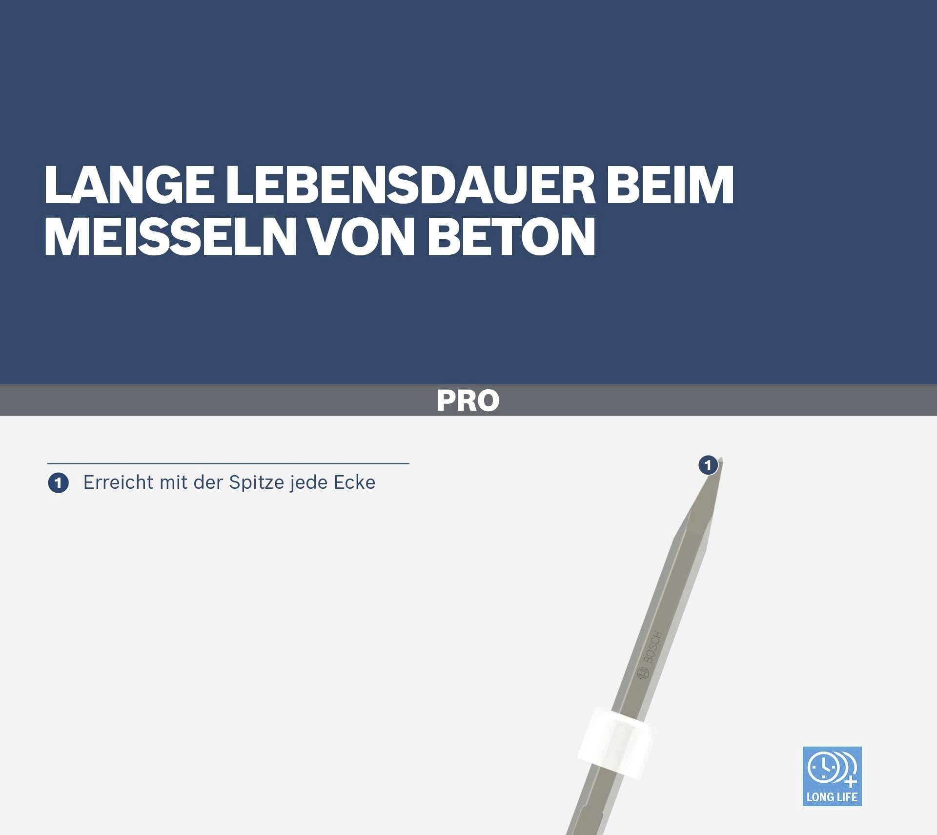'PRO' Meißel mit langer Lebensdauer für Betonbearbeitung, erreicht schwierige Ecken durch spezielle Spitzendesign.