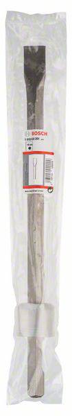 'Bosch SDS-max Meißel', verpackt in transparentem Plastik, sichtbar ist das Bosch-Logo und der Meißel in seiner ganzen Länge.