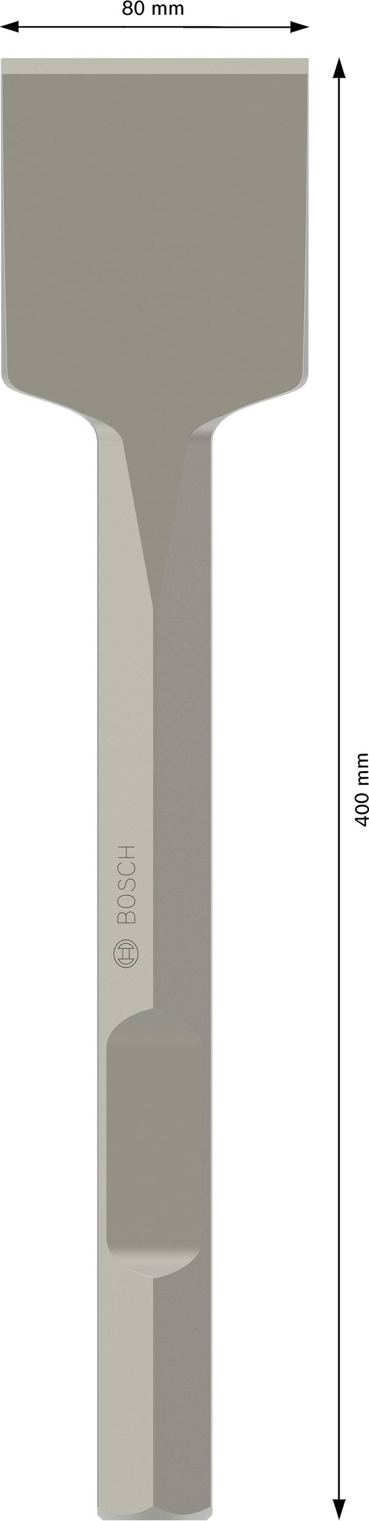 Blick auf einen breiten Flachmeißel von Bosch mit einer Breite von 25 mm und einer Gesamtlänge von 400 mm. Geeignet für Bauarbeiten.