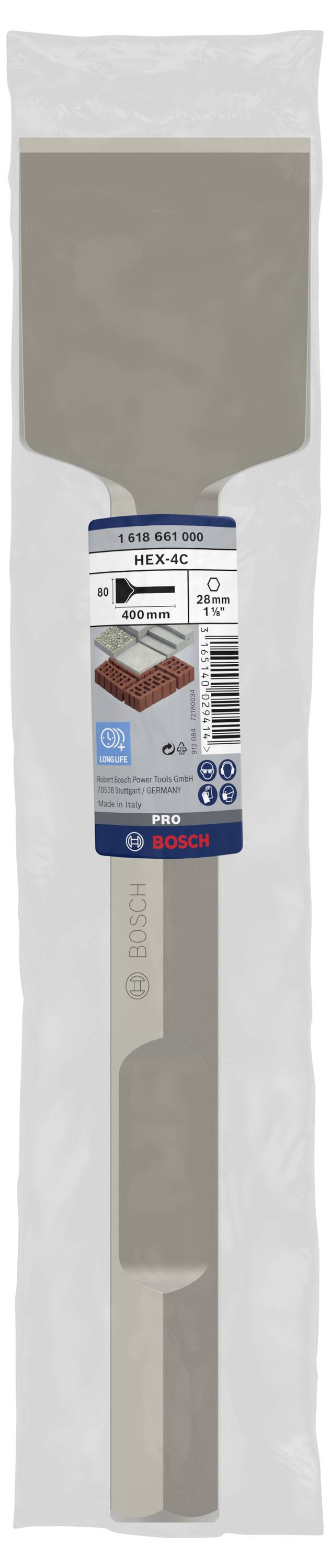 Breites Meißelwerkzeug mit hexagonalem Schaft in Verpackung, geeignet für Beton und Mauerwerk, Marke Bosch, 400 mm Länge.