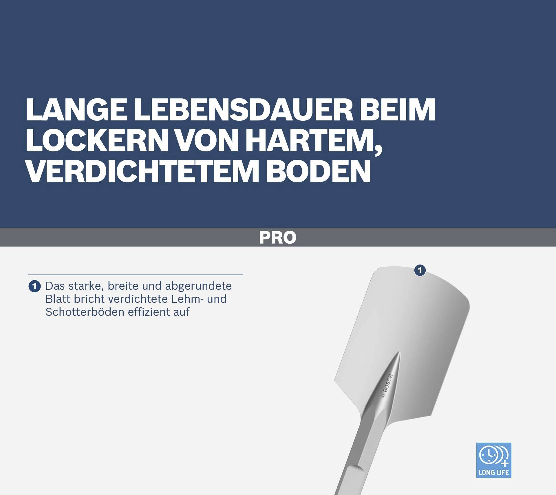 'Lange Lebensdauer beim Lockern von hartem, verdichtetem Boden. Starke, breite Schaufel bricht Lehm- und Schotterböden effizient auf.'