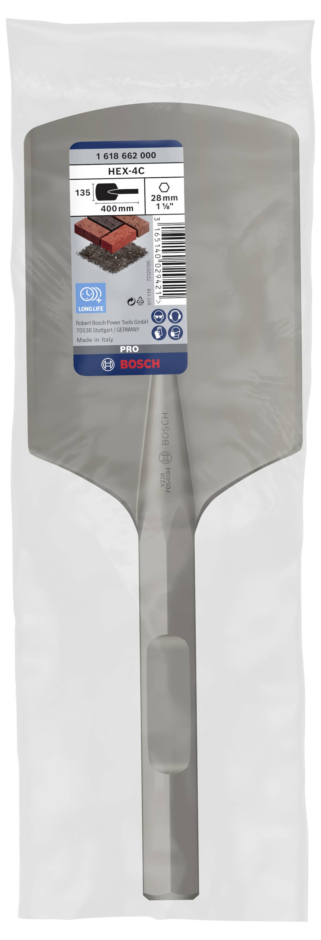 Verpacktes Bosch Fliesenmeißel-Werkzeug, geeignet für Fliesenentfernung. Länge: 400 mm, HEX-Verbindung, Aufdruck zeigt Produktinformationen.