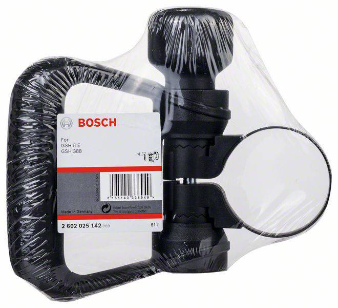 Ein schwarzer Handgriff, verpackt in Plastik, für Bosch-Geräte GSH 5 E und GSH 388. Seriennummer und Barcode sind sichtbar.