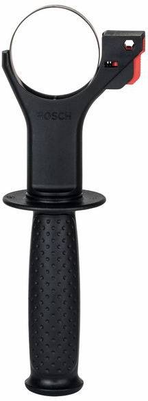 Schwarz-grauer Bosch-Zusatzhandgriff mit rotem Schalter. Ergonomisches Design, geeignet für elektrisches Werkzeugzubehör.