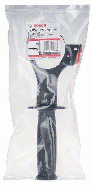 Eine schwarze Haltevorrichtung für Bosch-Werkzeuge, verpackt in transparentem Plastik. Auf dem Etikett steht 'Für GBH 4-32 DFR'.