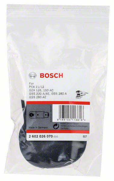 Plastiktüte mit Bosch Ersatzteil für Schleifmaschinen. Enthält Angaben zur Kompatibilität und Produktnummer 2 602 026 070-000.