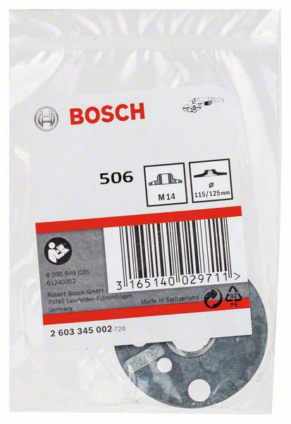 'Bosch' Ersatzteilverpackung mit Produktnummer 506, M14 Größe, Durchmesser 115/125mm. Barcode unten, hergestellt in der Schweiz.