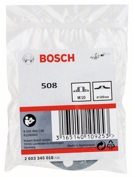 Eine Verpackung von Bosch mit der Aufschrift '508', zeigt ein Produkt für M10 Befestigungen, mit einem Durchmesser von 100 mm.
