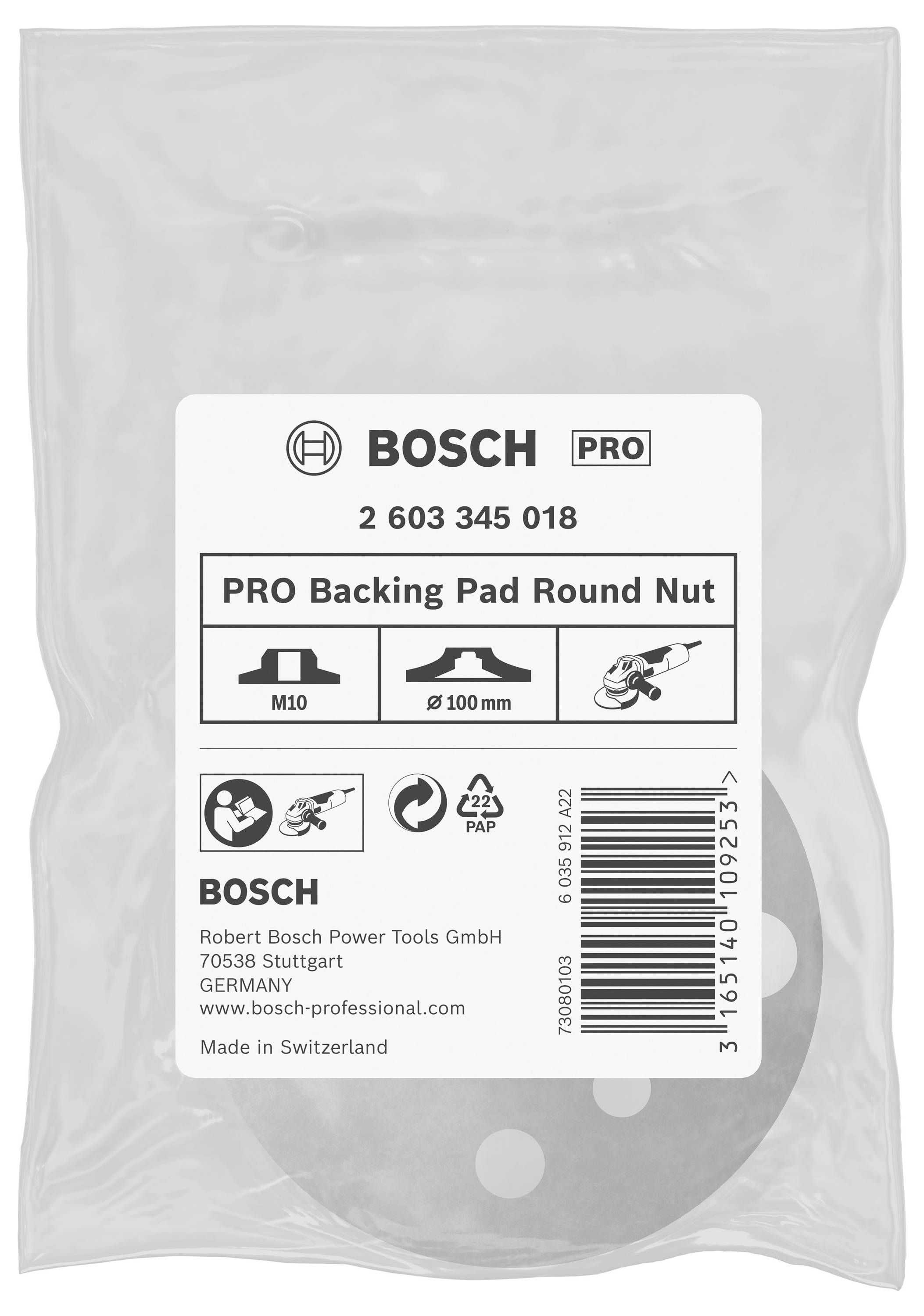 Runde Schleifscheibe in Verpackung mit BOSCH-Logo und Produktinfos: 'PRO Backing Pad Round Nut', Durchmesser 100 mm, M10-Gewinde.