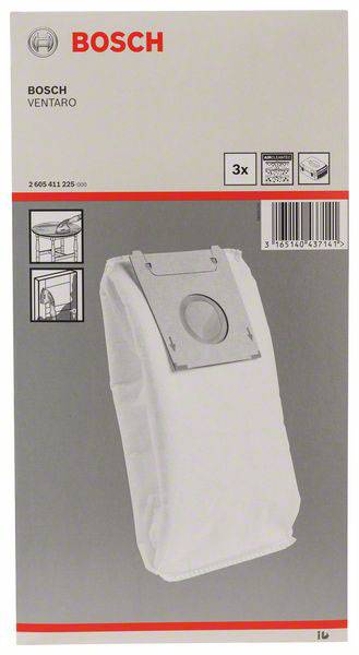 Eine Verpackung von Bosch Staubsaugerbeuteln für das Modell Ventaro. Enthält drei Beutel mit Abbildung eines Beutels auf der Vorderseite.