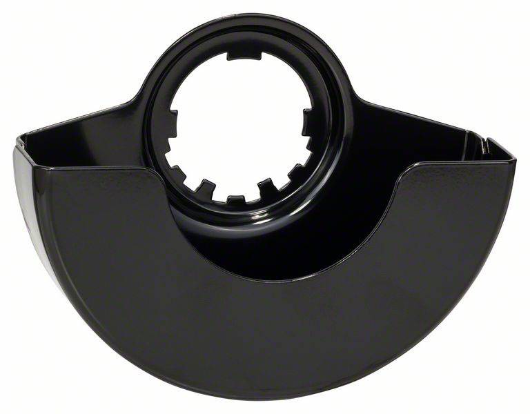 Schwarzer Halter für Sägeblattabdeckung, halbrund mit zentraler kreisförmiger Öffnung und gezackten Kanten zum sicheren Einrasten.