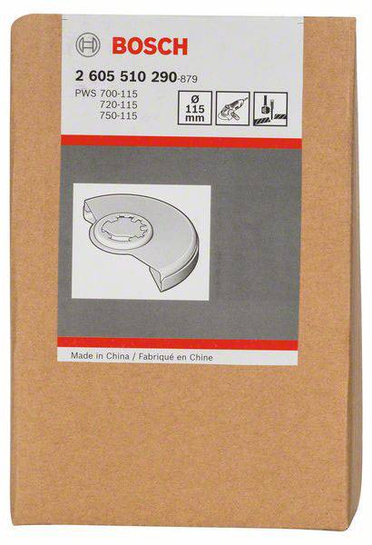 Abbildung der Verpackung eines Bosch Winkelschleifer-Zubehörs, passend für Modelle PWS 700-115, 720-115, 750-115, 115 mm Durchmesser.