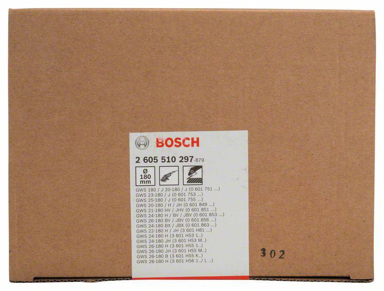 Ein brauner Karton von Bosch mit einem Etikett, das Details zu Winkelschleifermodellen enthält, einschließlich Modellnummern und Kompatibilität.