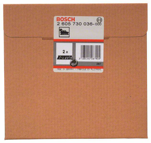 Braune Verpackung mit einem Etikett 'Bosch' und Bestellnummer. Enthält zwei Ersatzteile, hergestellt in Deutschland.
