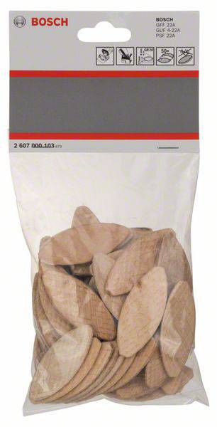 Eine Tüte mit ovalen Holzdübel von Bosch, geeignet für Holzverbindungen. Auf der Verpackung sind Symbole zur Anwendung abgebildet.