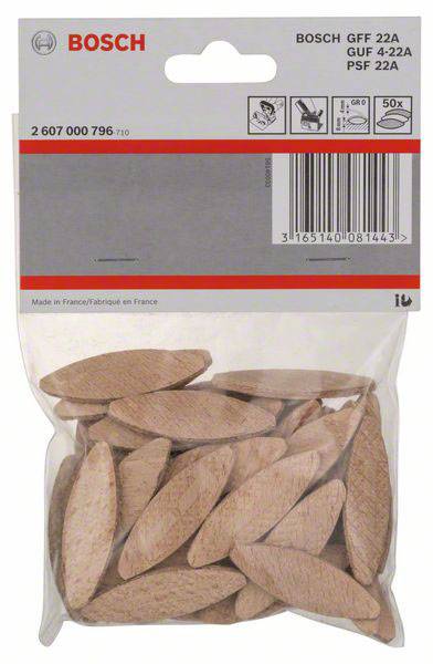 Tüte mit Holzdübeln von Bosch, GFF 22A Modell. Enthält 50 Stück, geeignet für Holzverbindungen. Made in France.