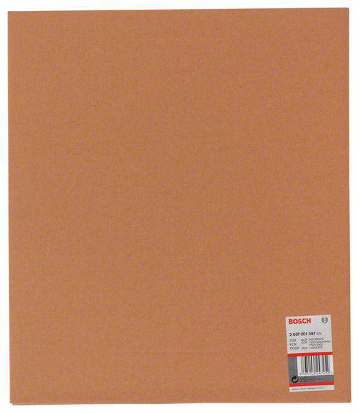 Ein orangenes Blatt Schleifpapier der Marke Bosch, mit Angaben zur Körnung (80) und Größe (230 x 280 mm) auf dem Etikett unten rechts.