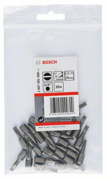 Eine transparente Tüte mit 25 Bosch-Schrauberbits, 25 mm Länge, mit Etikett, das die Größe und Details zeigt.