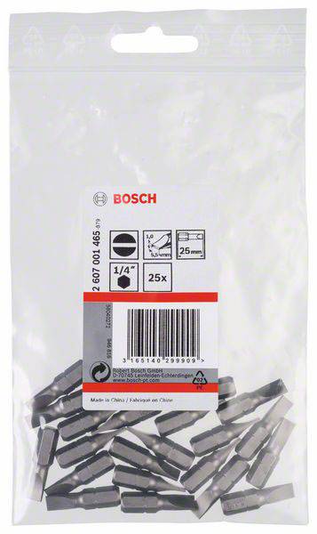 Eine Tüte mit 25 Bosch-Schraubendreher-Bits, 25 mm lang, passend für 1/4"-Werkzeuge, mit Barcode und Produkthinweisen auf der Verpackung.