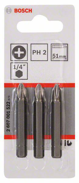 'Drei Bosch PH2 Schraubendreher-Bits, 51mm lang, 1/4 Zoll, in Verpackung.'
