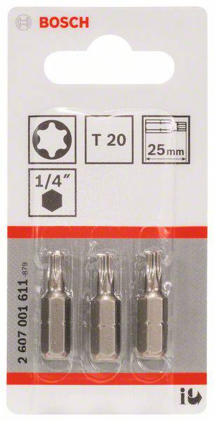 Drei Torx T20 Bits, 25 mm lang, von Bosch in einer Blisterverpackung. Geeignet für 1/4 Zoll Schraubendreher.