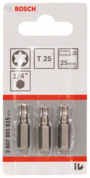 'Drei Bosch T25 Schrauber-Bits, 25 mm, in transparenter Verpackung, Torx-Kopf. Verwendbar für manuelle und Maschinenanwendungen.'