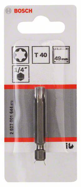 'Bosch T40' Torx-Bit in Blisterpackung, 1/4" Antrieb, 49mm Länge, geeignet für Schraubarbeiten. Verpackung mit Produktdetails.