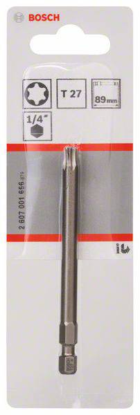 Verpackung eines Bosch Torx-Schraubendrehers, Größe T27, Länge 89 mm, Schaftdurchmesser 1/4 Zoll.